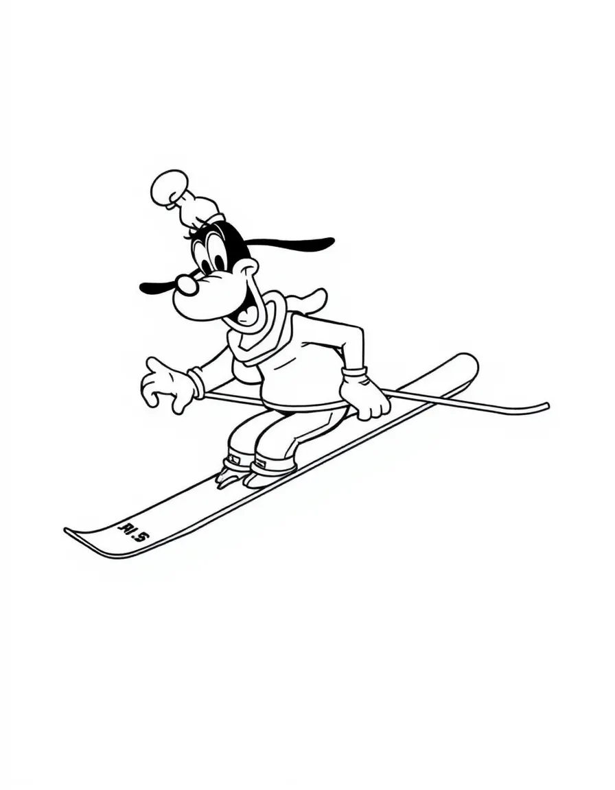 Goofy trying to ski, tangled in his skis.