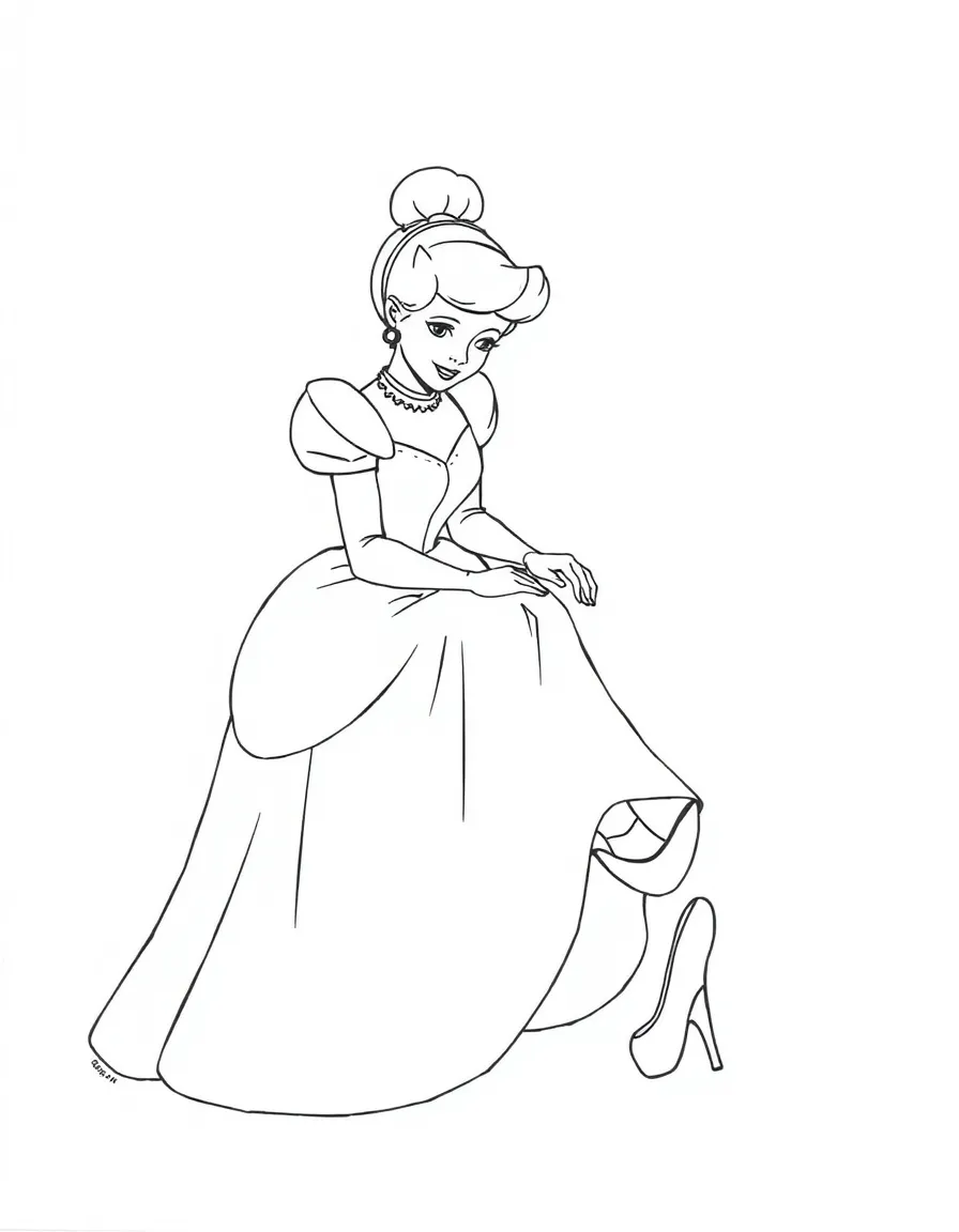 Cinderella trying on the glass slipper, looking hopeful.
