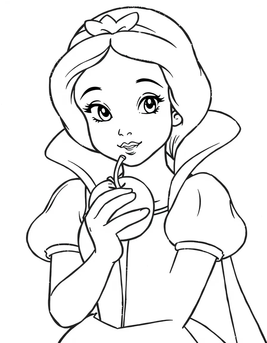 Snow White eating an apple, looking innocent.