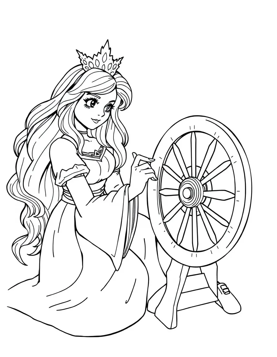 Aurora pricking her finger on the spinning wheel.