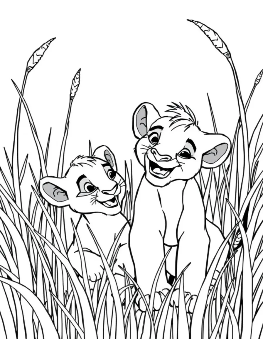 Simba and Nala playing in the tall grass.