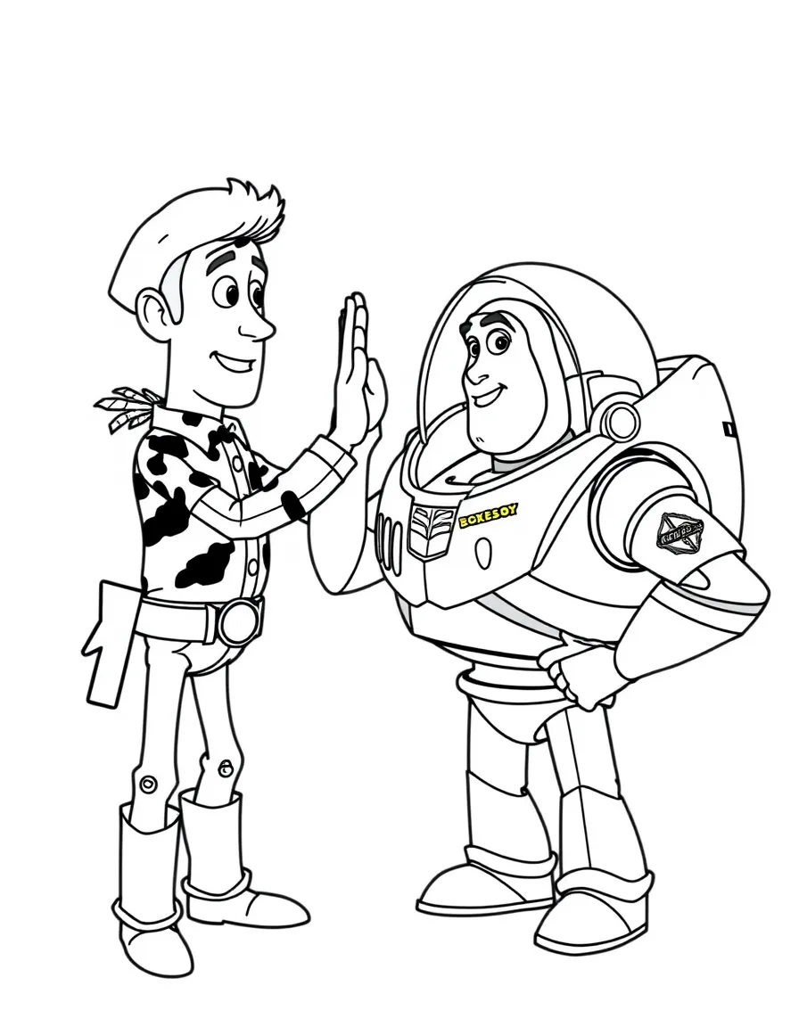 Woody giving a high-five to Buzz, with a smile.