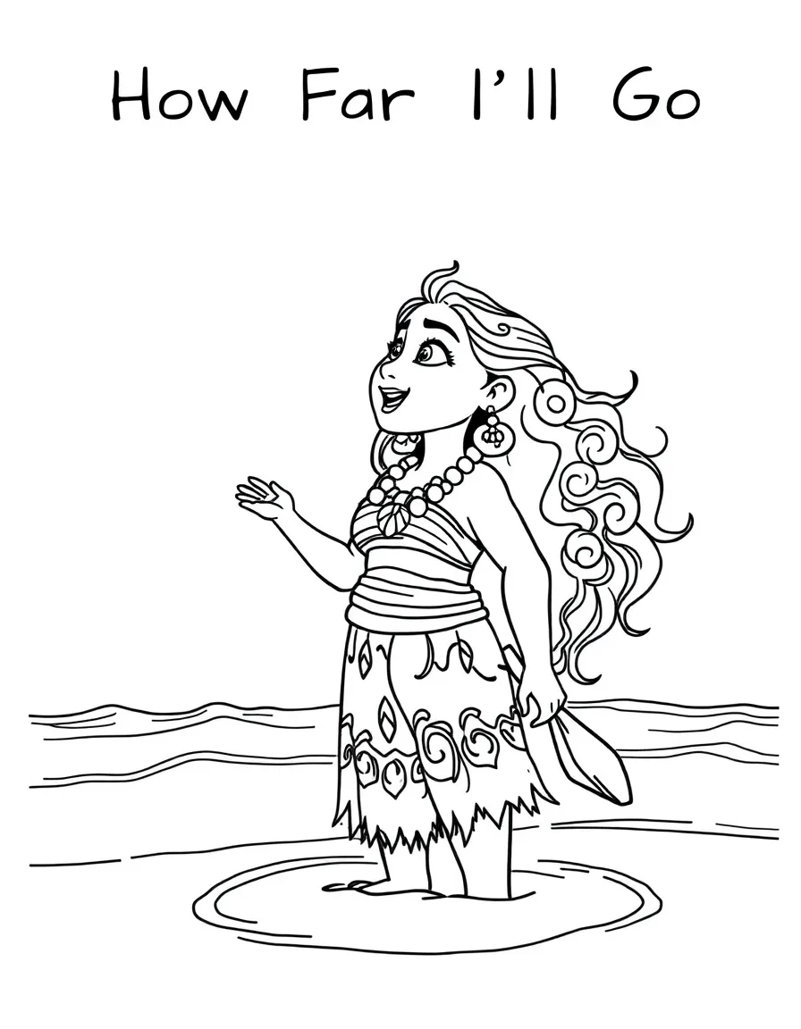 Moana singing "How Far I'll Go" while standing on the shore.