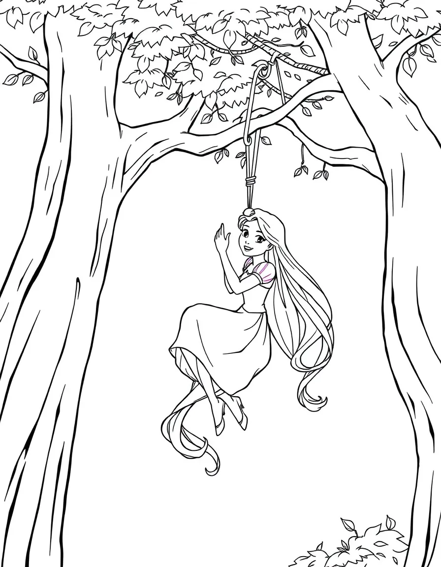 Rapunzel using her hair to swing from tree to tree.
