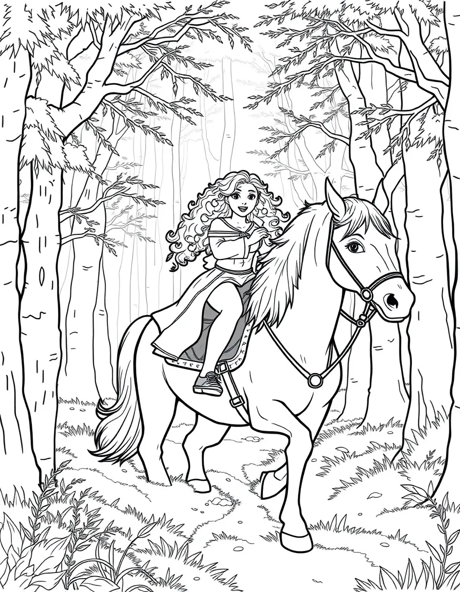 Merida riding Angus through a misty forest.