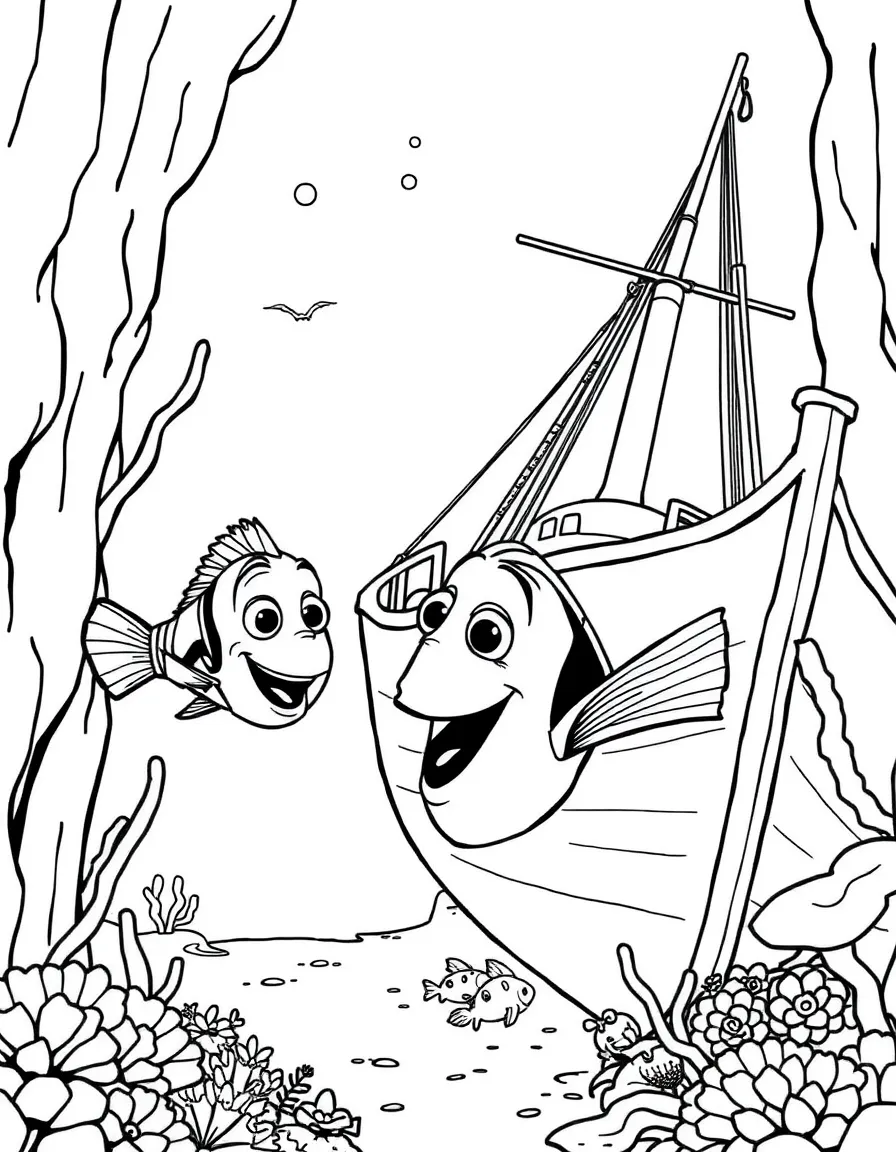 Nemo and Dory exploring a sunken ship.