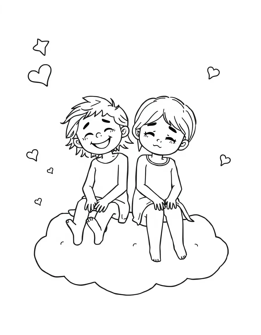 Joy and Sadness sitting on a cloud, looking at memories.