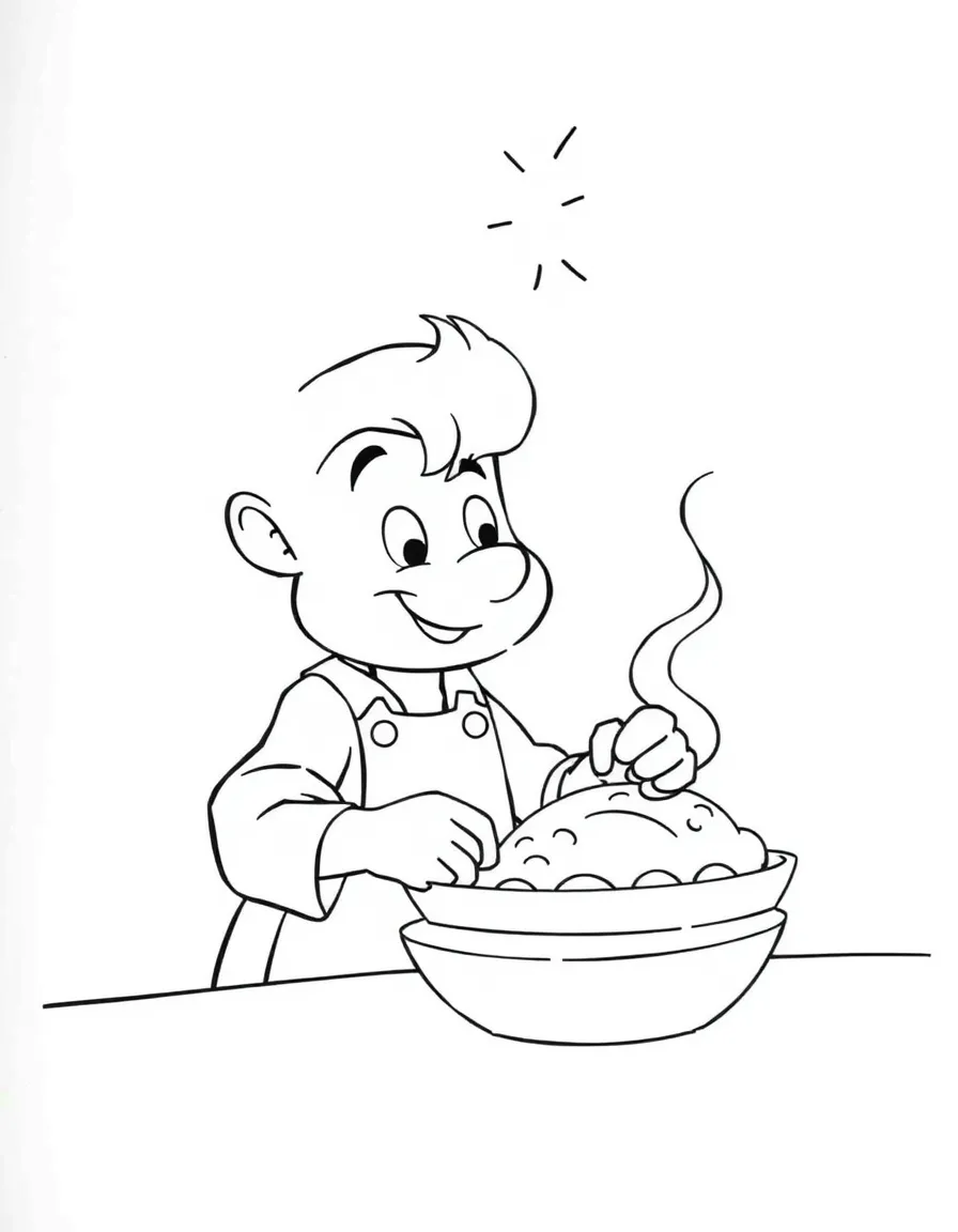 Remy creating a new dish, with a lightbulb above his head.