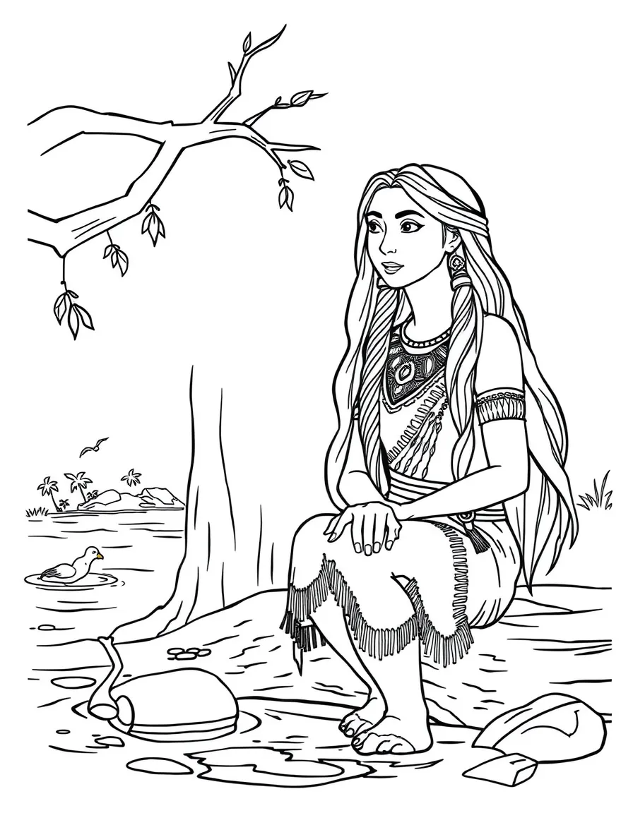 Pocahontas and Grandmother Willow talking by the river.
