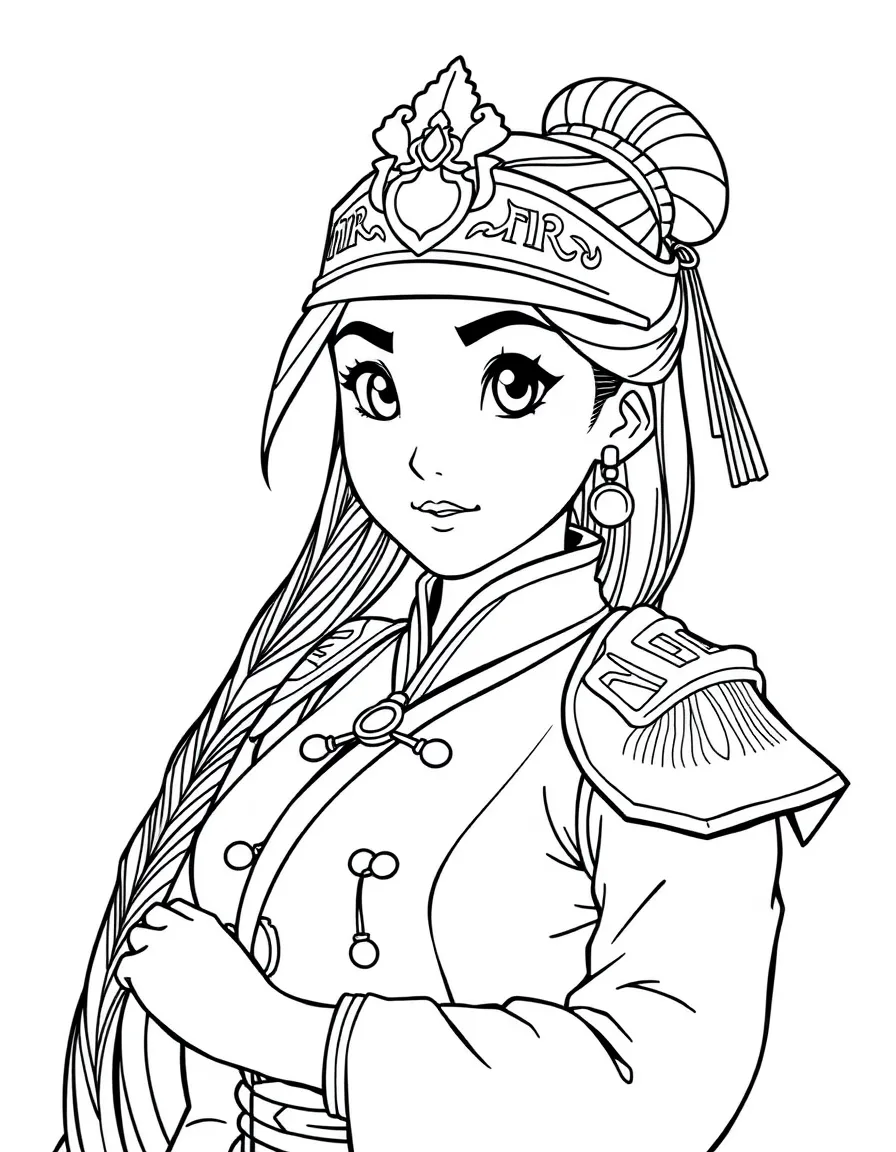 Mulan in her imperial army uniform, looking brave.