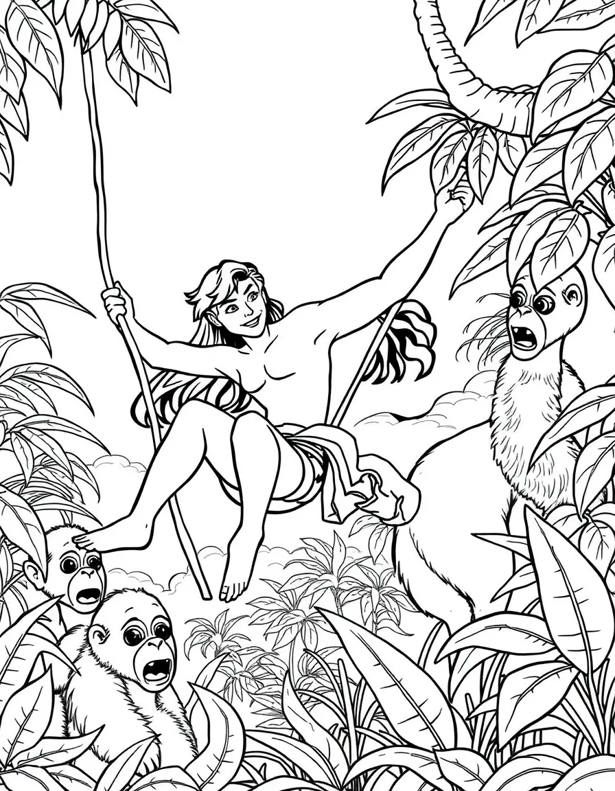Tarzan and Jane swinging through the jungle, with gorillas.