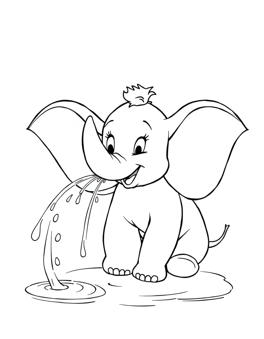 Dumbo spraying water with his trunk, looking playful.