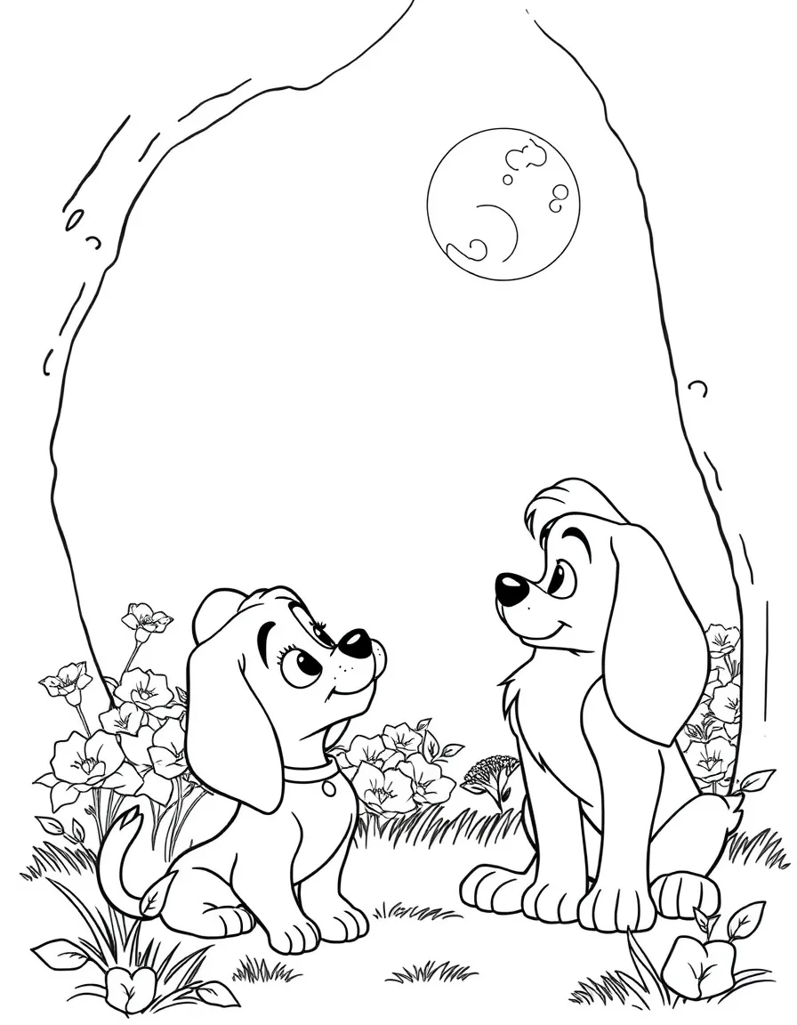 Lady and Tramp looking at each other under the moonlight.