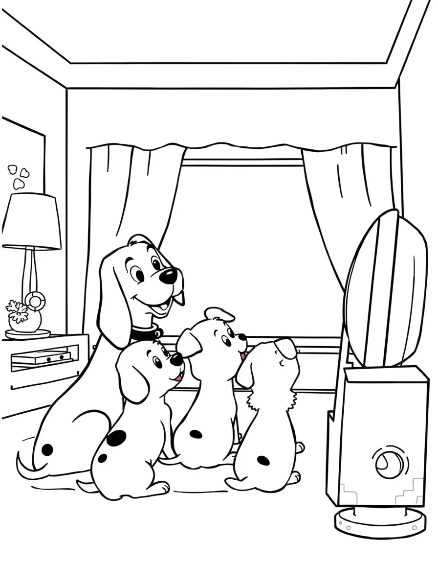 Pongo, Perdita, and the puppies watching TV.
