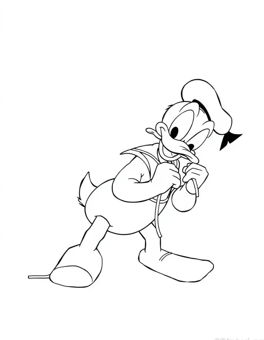 Donald Duck trying to tie his shoelaces, getting tangled.