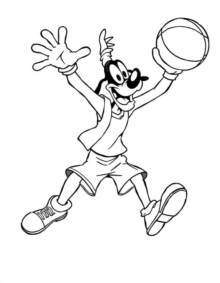 Goofy playing basketball, tripping over the ball.