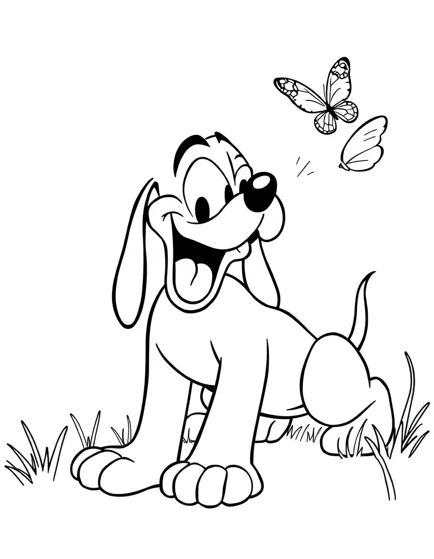 Pluto chasing a butterfly, looking playful.