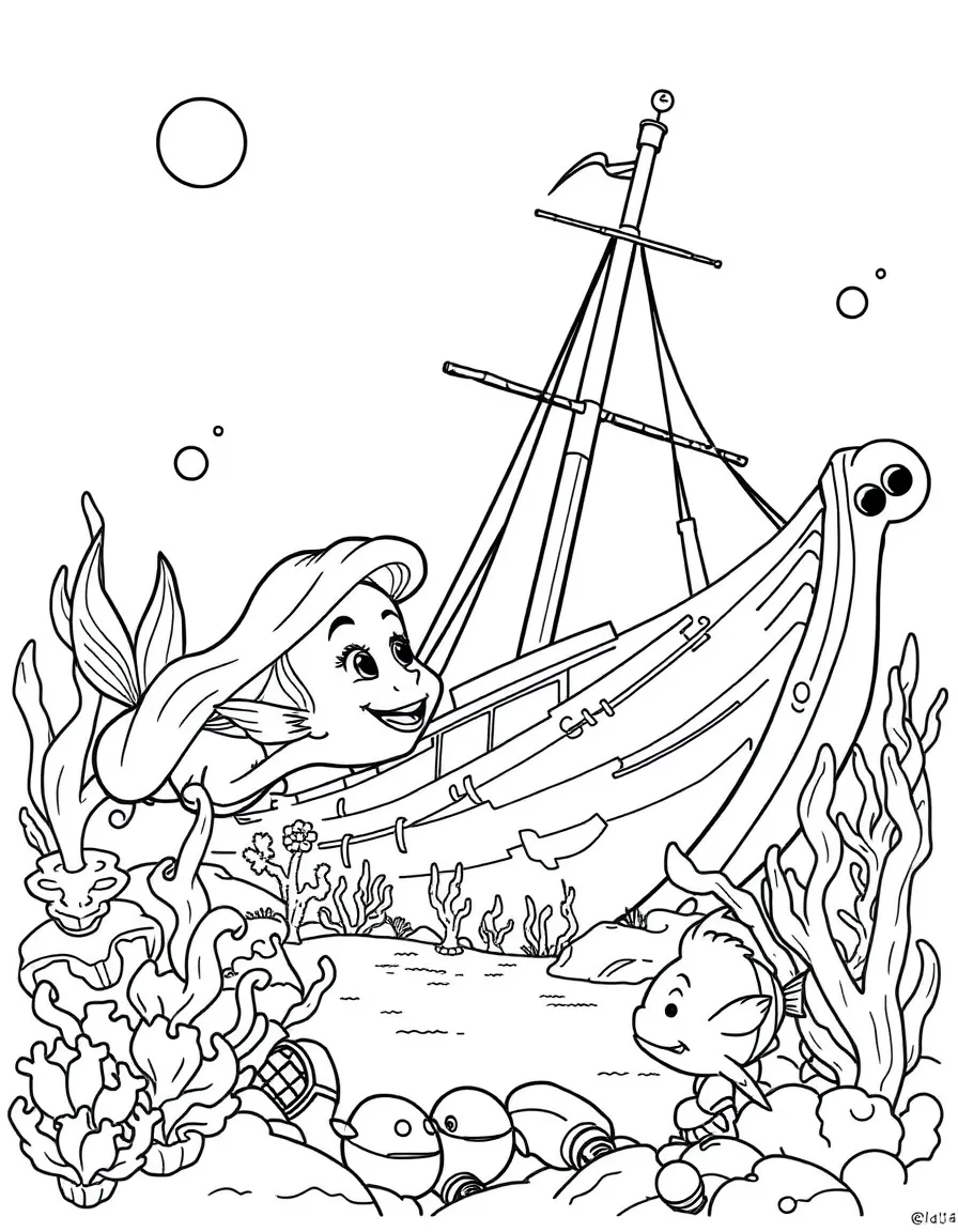 Ariel and Flounder exploring a shipwreck.