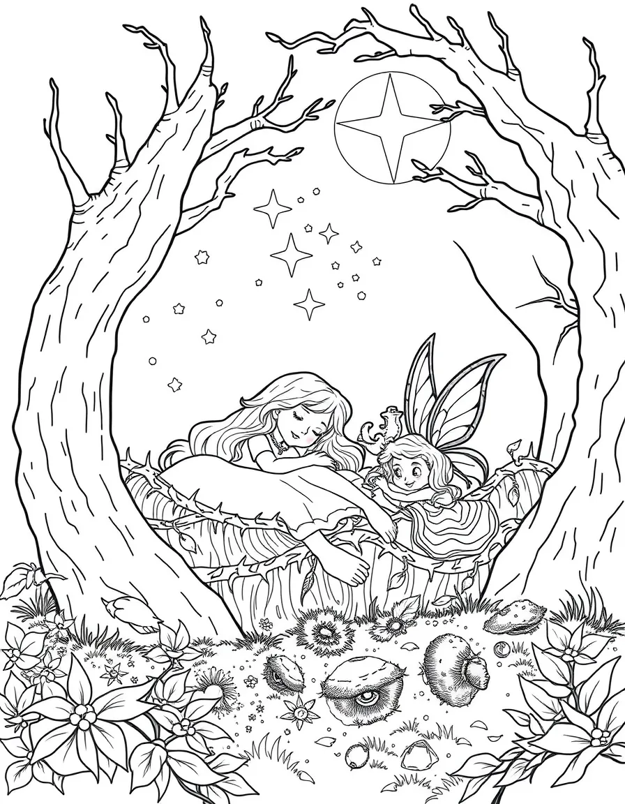 Aurora sleeping in her thorny bed, with the three fairies.