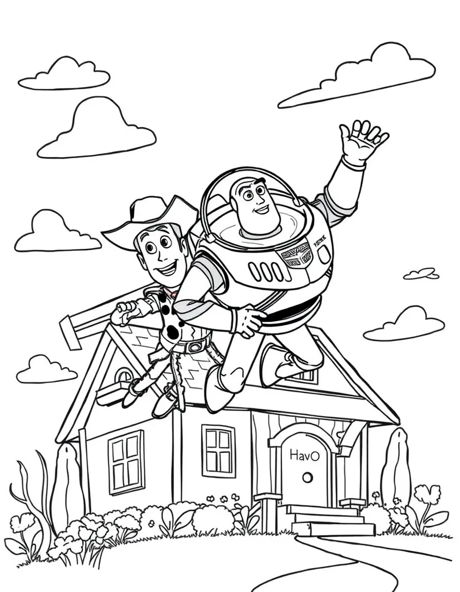 Woody and Buzz flying over Andy's house.