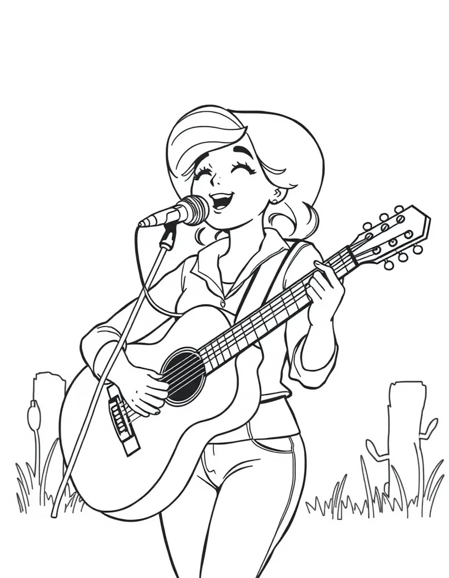 Jessie singing with her guitar, with a country background.