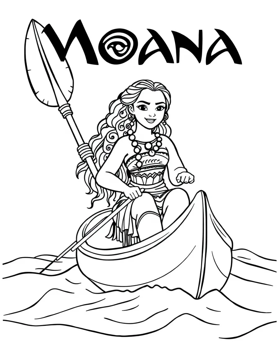Moana sailing her canoe, with the ocean spirit.