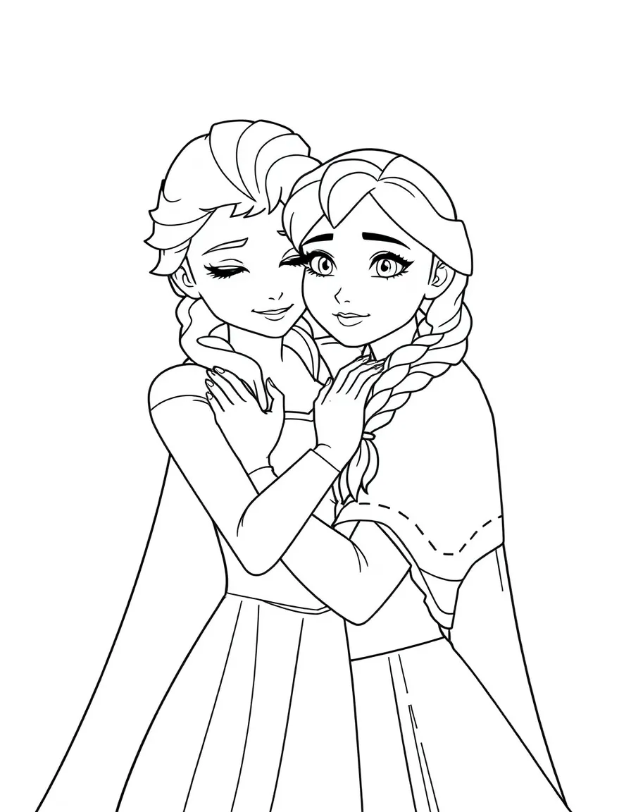 Elsa and Anna hugging tightly, looking relieved.