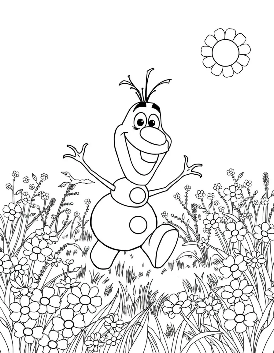 Olaf running around in a field of flowers, dreaming of summer.