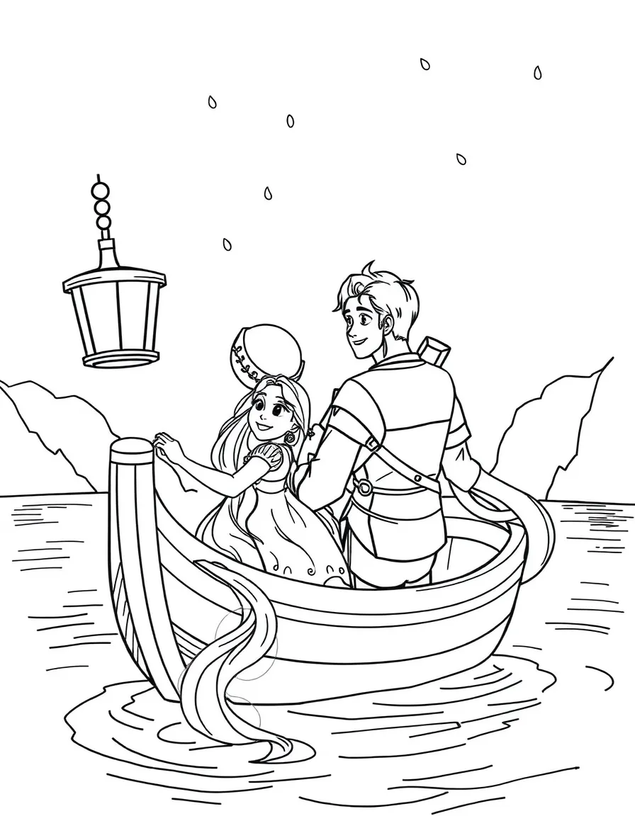 Rapunzel and Flynn Rider on a boat, watching lanterns.