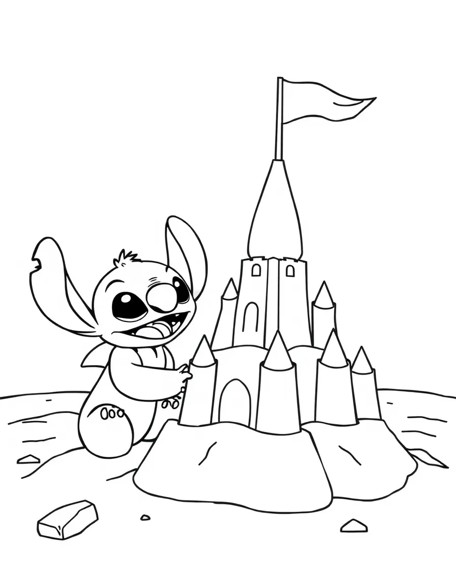 Lilo and Stitch building a huge sandcastle.