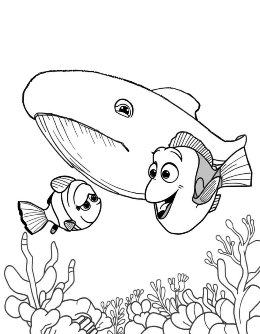 Nemo and Dory encountering a friendly whale.
