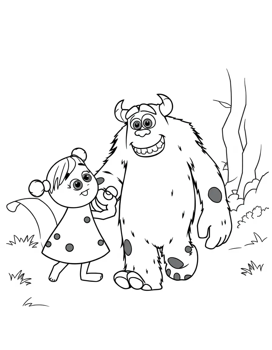 Sulley holding Boo's hand, walking through the monster world.