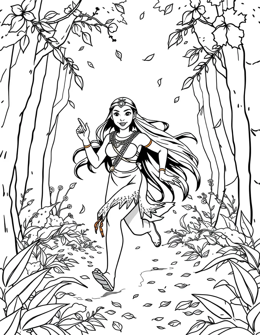 Pocahontas running through the forest, with leaves falling.