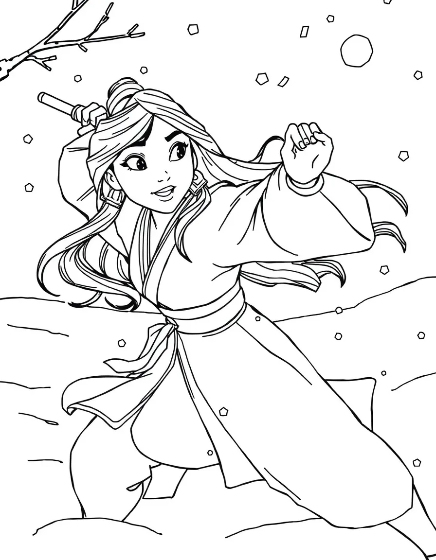 Mulan fighting bravely in the snow, with her reflection.