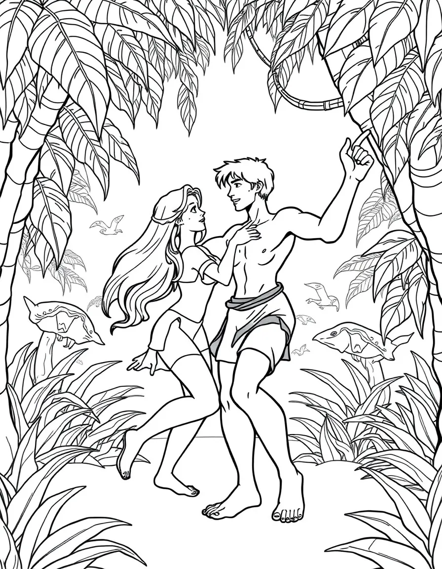 Tarzan and Jane dancing in the jungle.