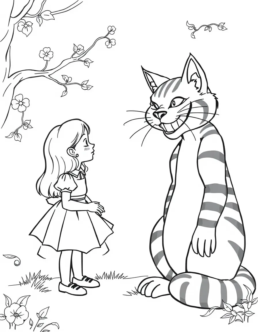 Alice having a conversation with the grinning Cheshire Cat.