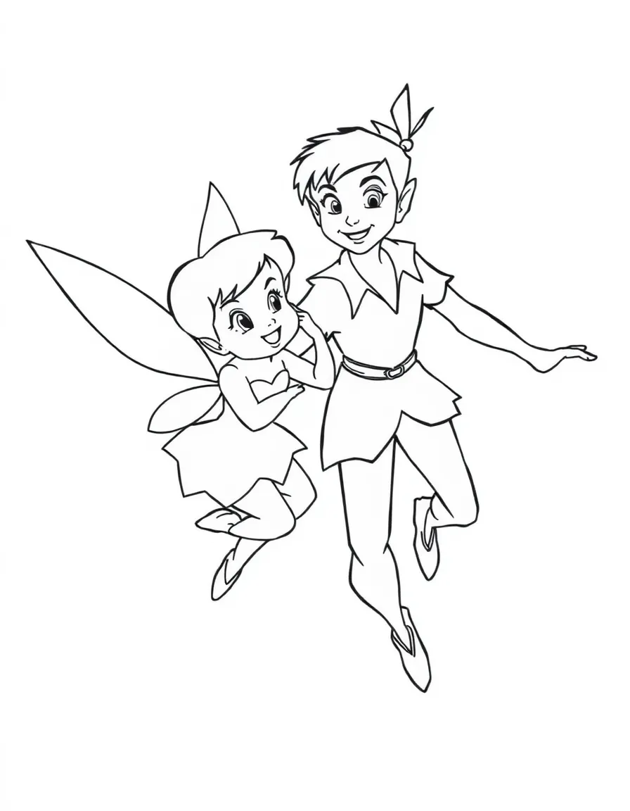 Peter Pan and Tinker Bell flying side by side.