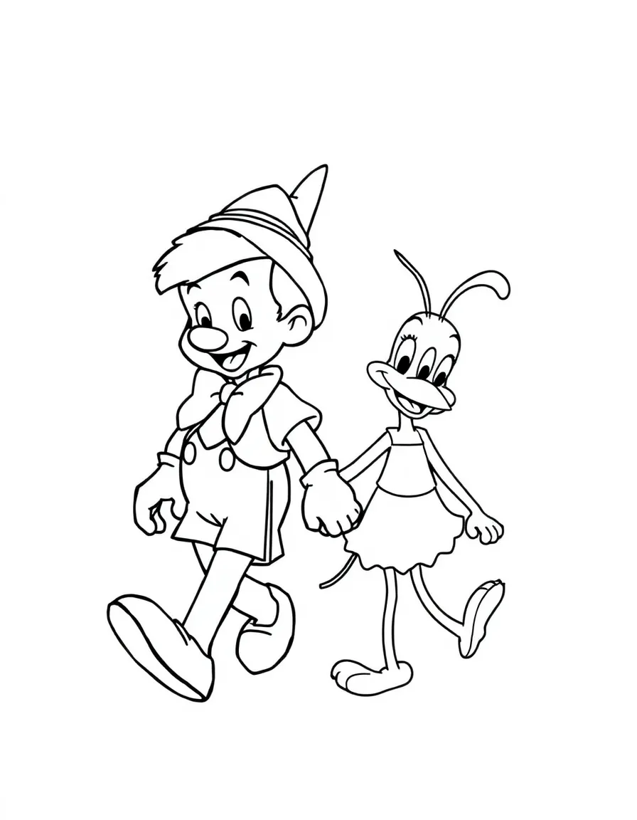 Pinocchio and Jiminy Cricket walking hand in hand.