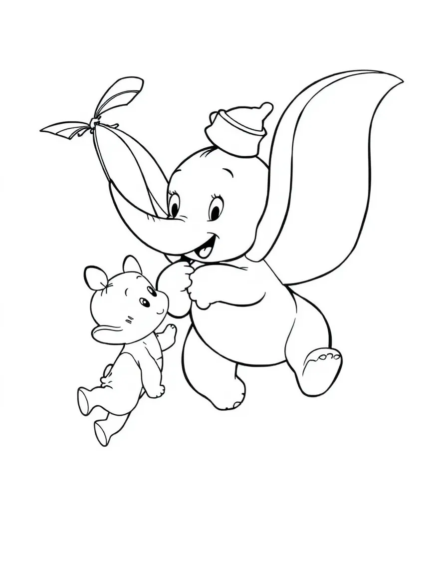 Dumbo and Timothy flying with a feather.
