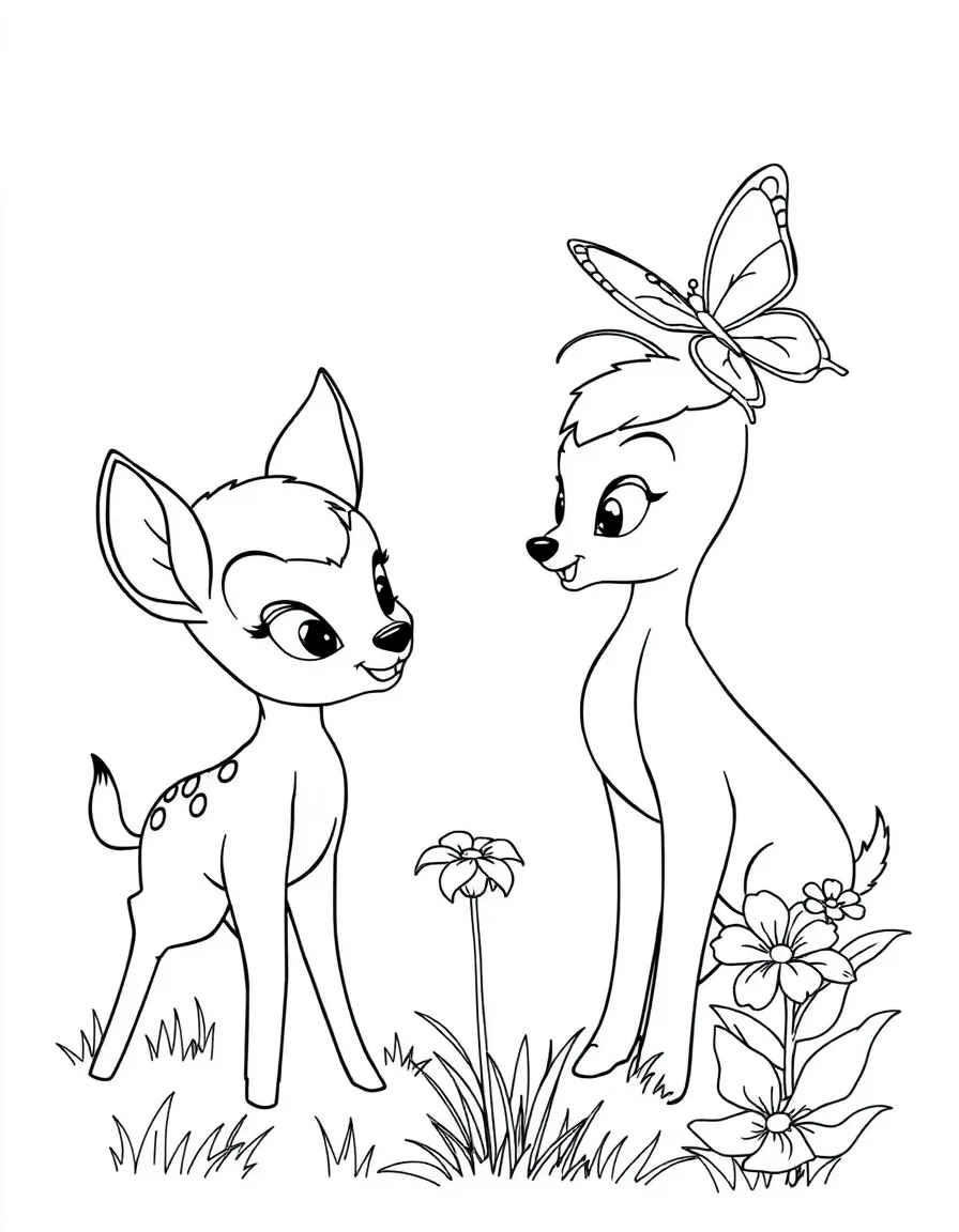 Bambi, Thumper, and Flower looking at a butterfly.