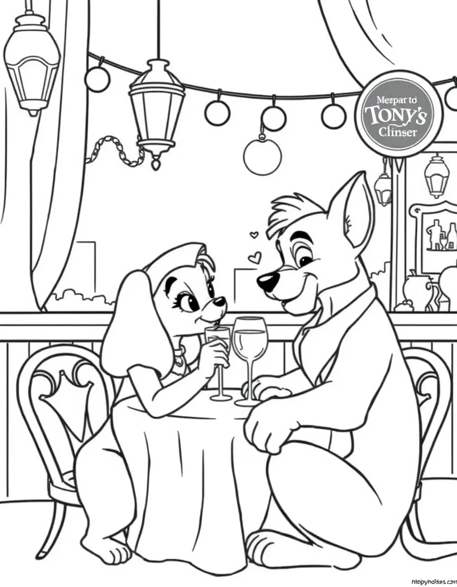 Lady and Tramp having a romantic dinner at Tony's.