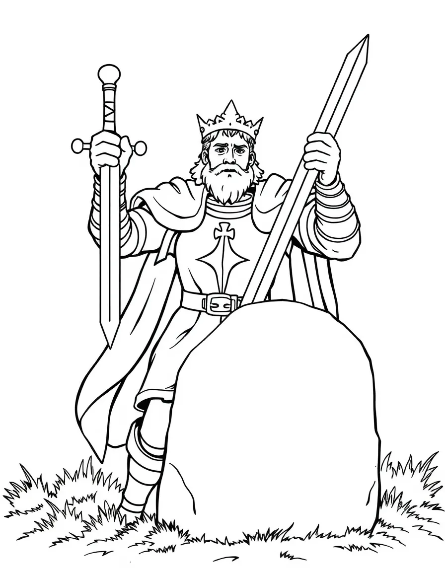 Arthur pulling the sword from the stone, looking triumphant.