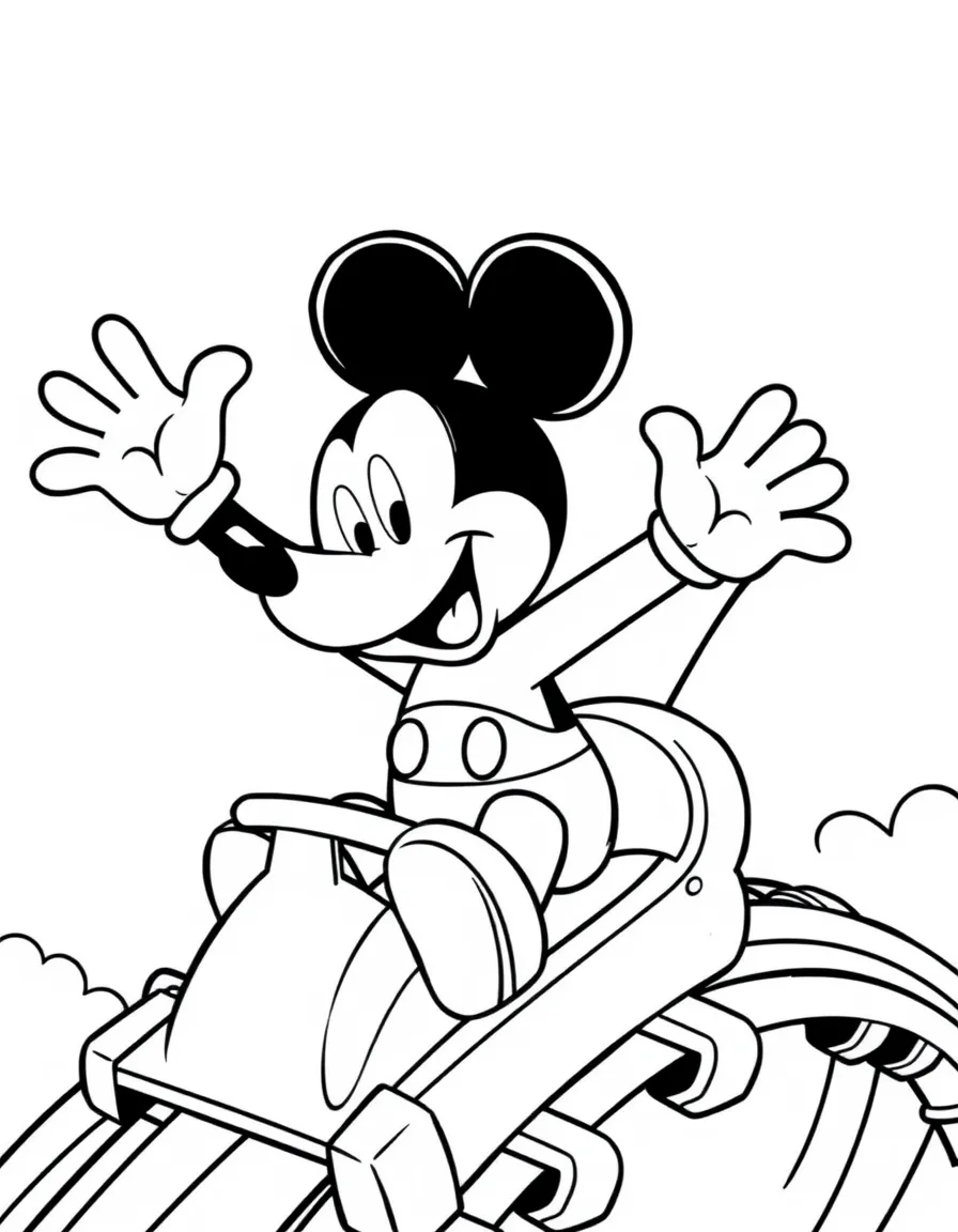 Mickey Mouse on a rollercoaster, hands in the air.