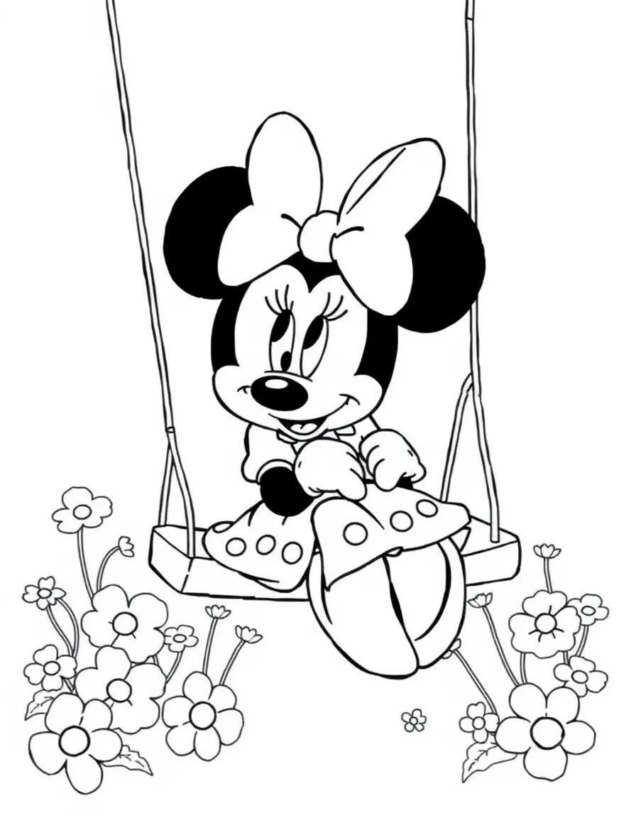 Minnie Mouse sitting on a swing, surrounded by flowers.