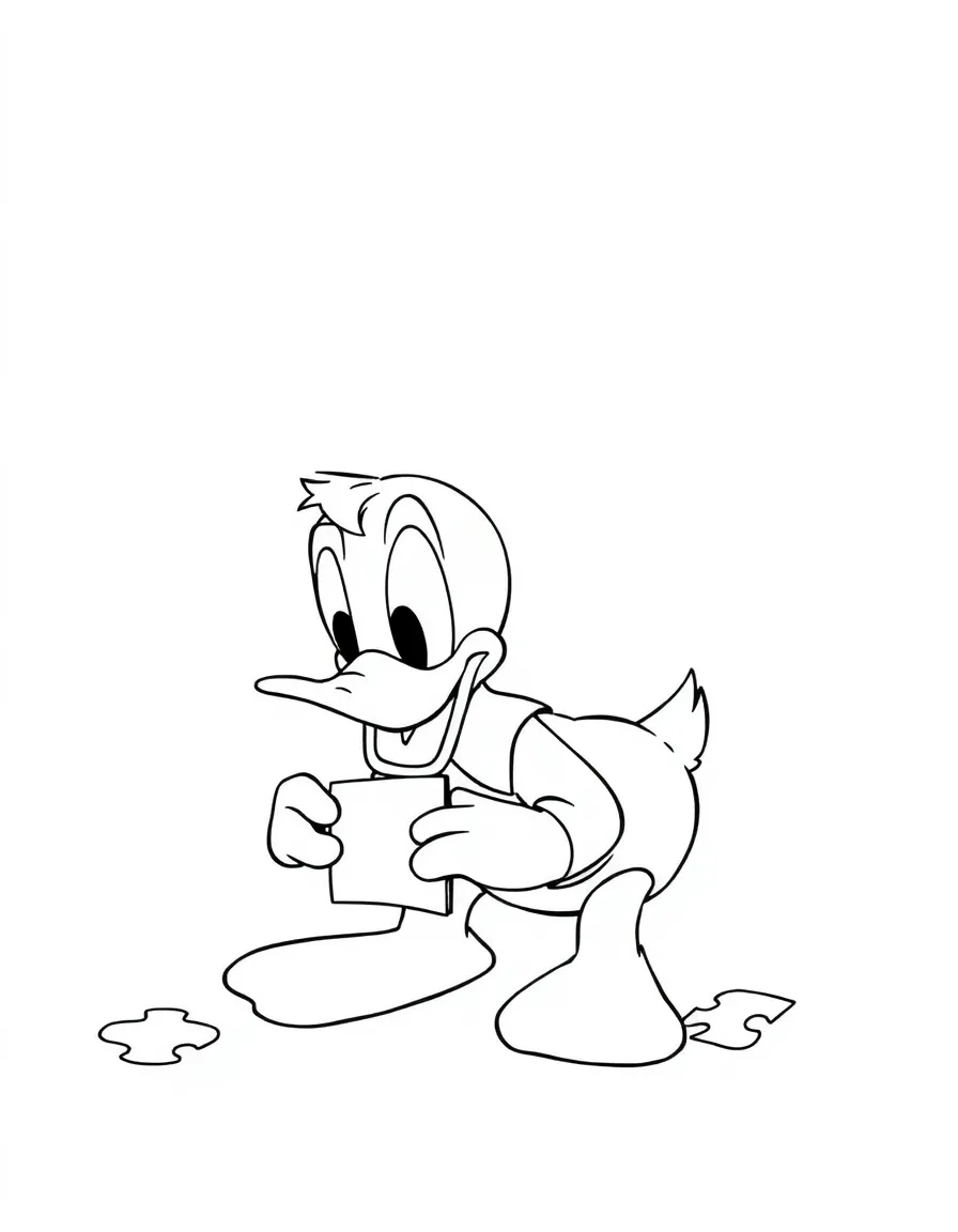 Donald Duck trying to put together a puzzle, looking confused.