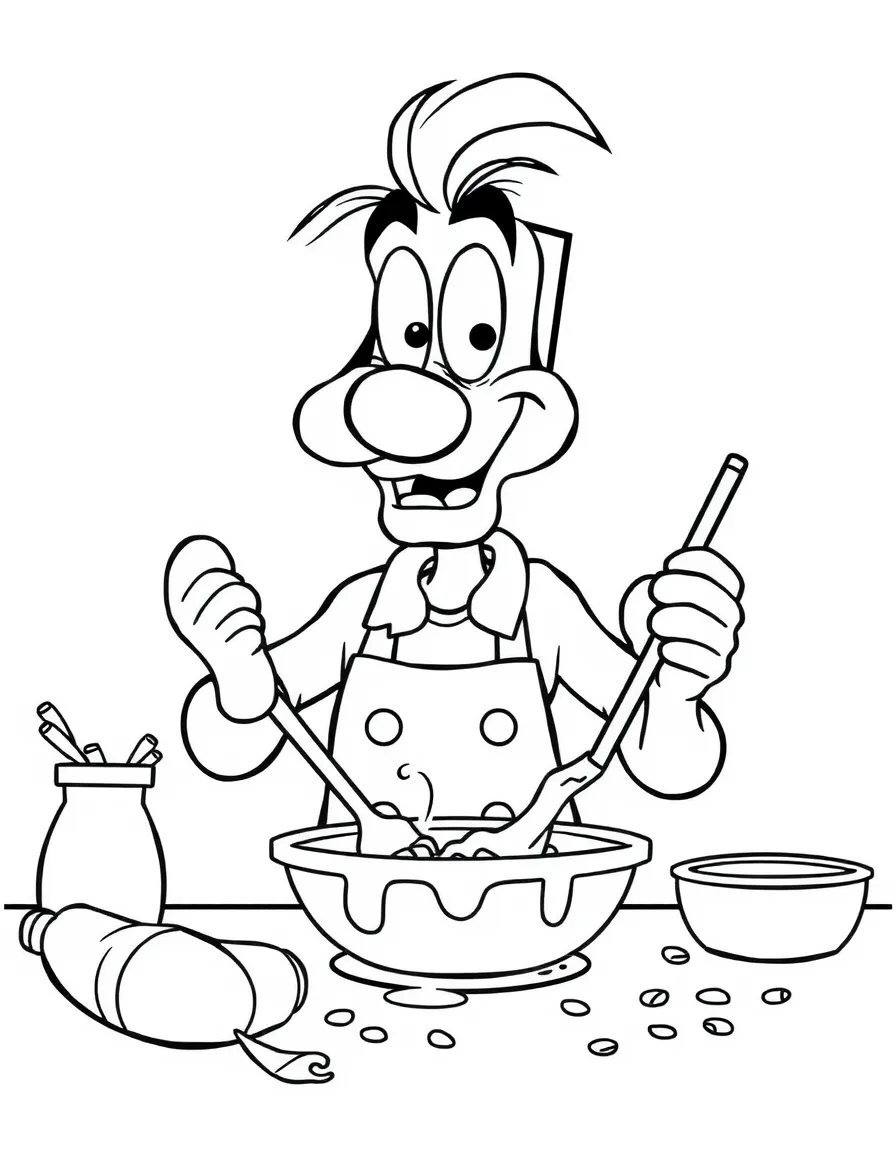 Goofy attempting to cook, making a mess.
