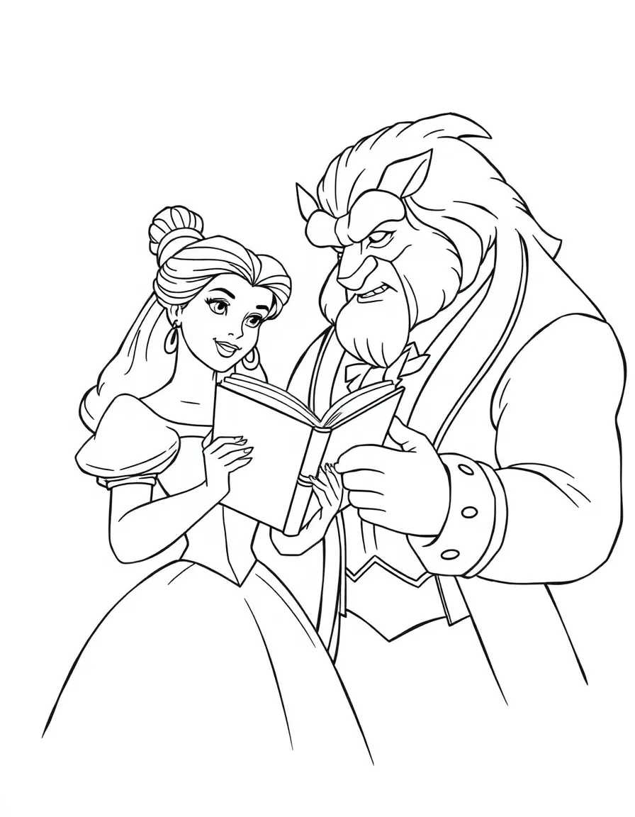 Belle holding a book, with the Beast listening intently.