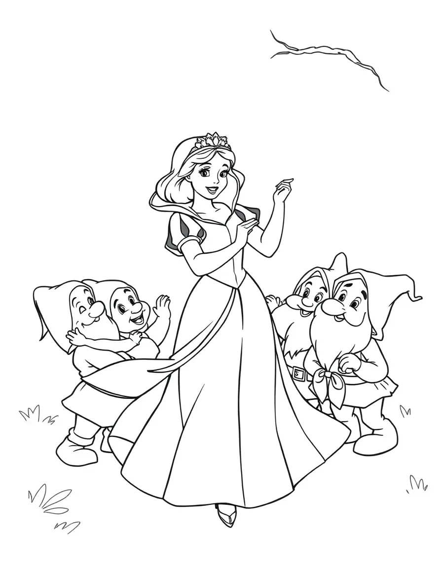 Snow White dancing with the Seven Dwarfs.