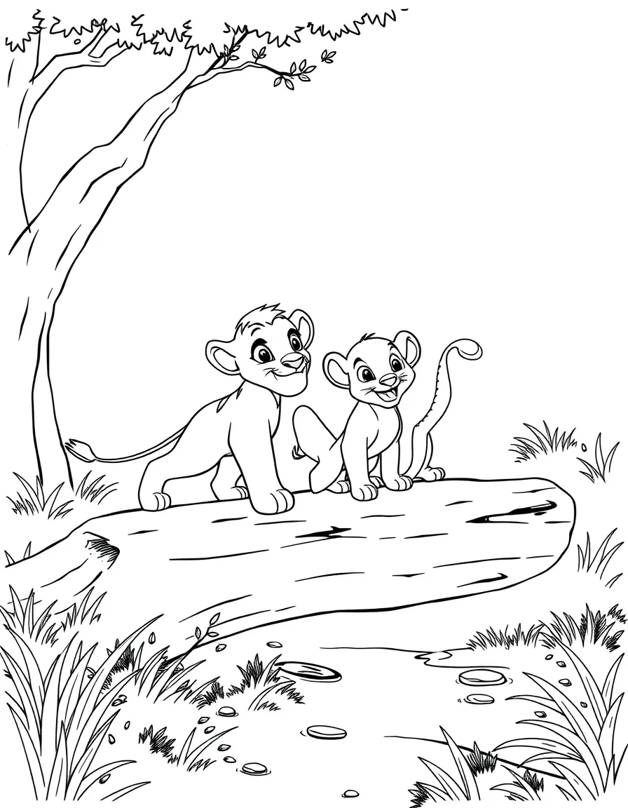 Simba, Timon, and Pumbaa walking across a log.