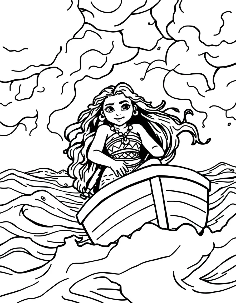 Moana sailing her boat during a storm, looking brave.